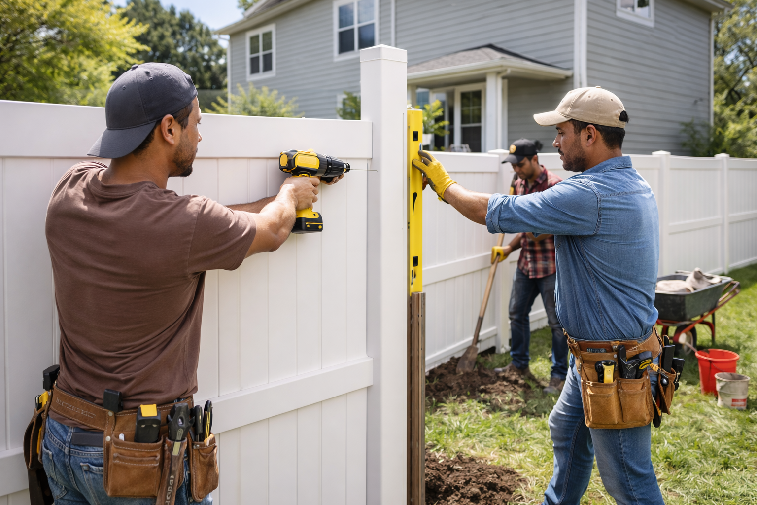 Hispanic workers installing fence