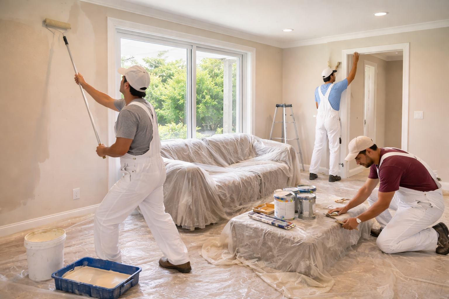Painters working in a living room